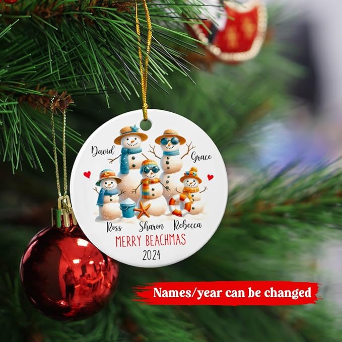 Personalized Snowman Family Beach Vacation Ceramic Ornament, Merry Beachmas, Custom Names, Xmas 2025