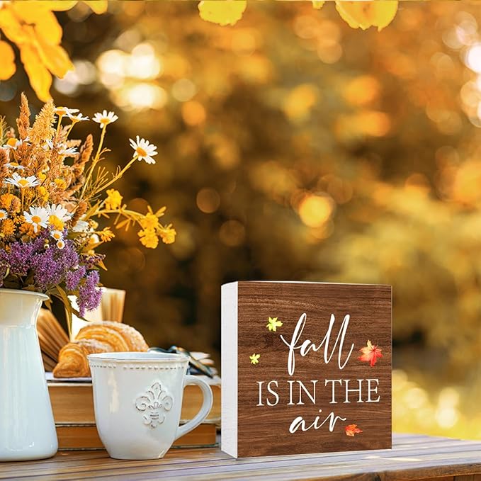 Funny Autumn Wood Box Sign Fall is in the Air Wooden Block Desk Decor for Home Office Kitchen Cubicle Table Shelf Tabletop,Farmhouse Fall Sign Decor