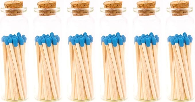 River Birch Decorative Matches in a Bottle with Striker - Cute & Colored Matches - 6 Bottles, Cobalt Blue Tip, 120 Matches