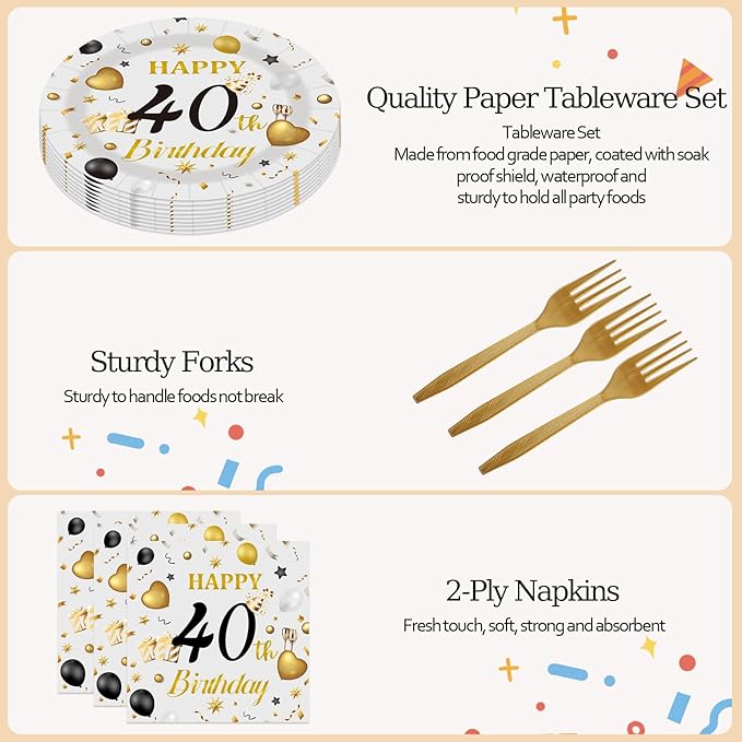 75PCS 40th Happy Birthday Plates and Napkins Party Decorations, 7 Inch Premium Grey and Gold Birthday Paper Dessert Cake Plates and Napkins Disposable Tableware Set Party Supplies for Women Men
