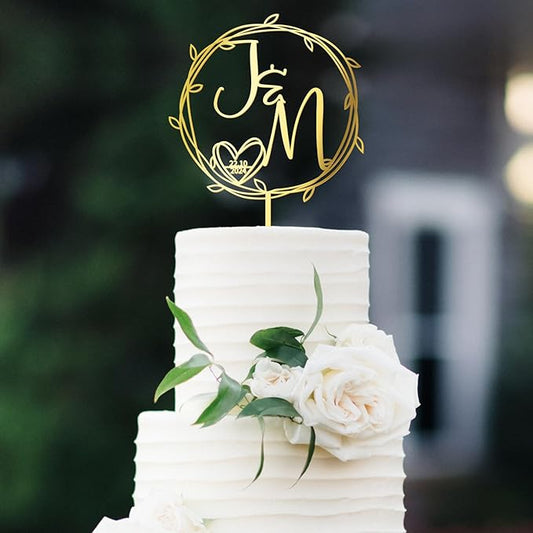 Personalized Initials Wedding Cake Topper in Acrylic Custom Wedding Anniversary Date Cake Topper Cake Decoration (Design 06)