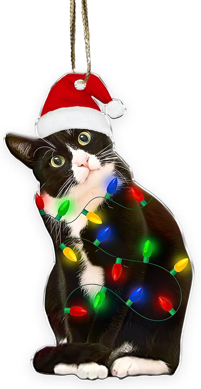 Tuxedo Cat Christmas Acrylic Ornament – Black and White Cat Ornament, Customizable with Name - Easily Add Name with Marker (Marker Not Included)