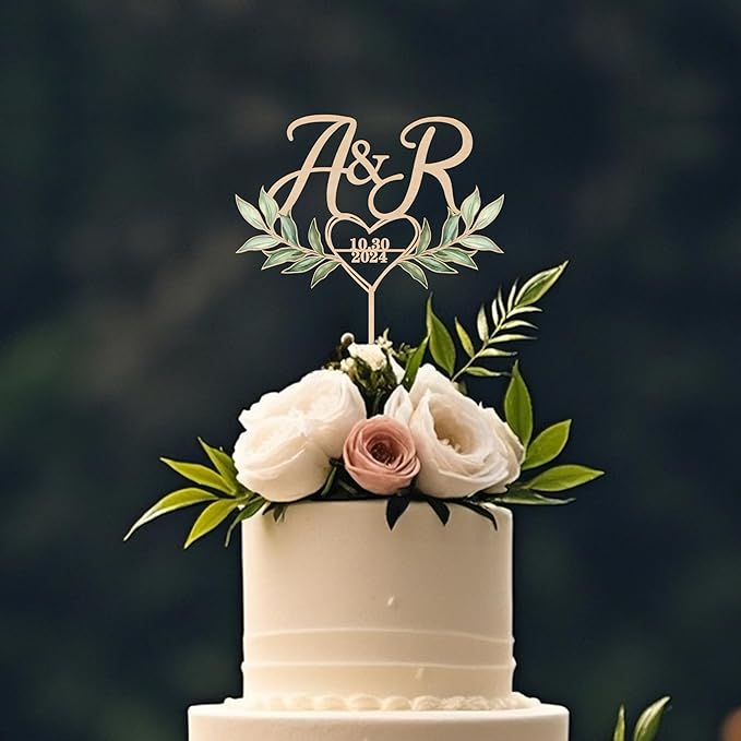 Custom Initials and Date Wedding Cake Topper in Wood Personalized Cake Topper Heart and Green Leaves Design