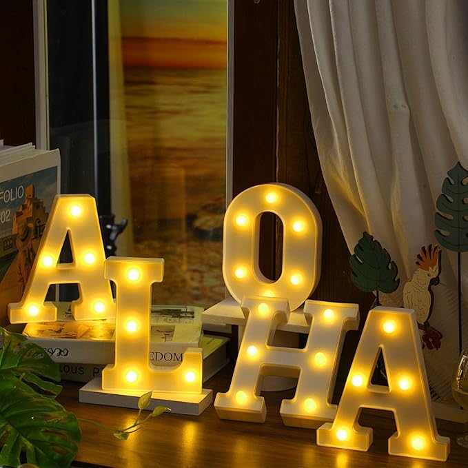 5 Pcs Hawaiian Luau Party Decorations Aloha Light up Sign Aloha LED Marquee Letter for Party Decorations Battery Powered Tropical Alphabet Letter Summer LED Lights for Wedding Night Birthday