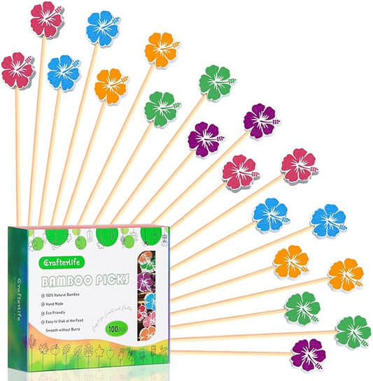 Hawaiian Hibiscus Cocktail Picks Summer Flower Decorative Toothpicks Fruit Dessert Sticks Food Sandwich Appetizer Charcuterie Skewers, for Luau Hawaii Tropical Decorations Floral Party Supplies