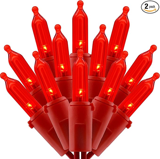 200 LED Christmas Lights with Red Wire, Pack of 2 Sets 33 ft 100 Count UL Certified Commercial Grade String Light