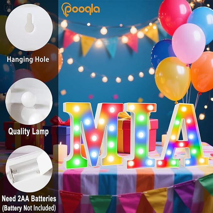 Pooqla LED Light Up Letters, Warm White and Colorful Lighted Marquee Letters with Remote, Lighted Letter for Party Birthday Decorations, Gift for Girls Boys Night Light, Wedding Home Decor, Letter M
