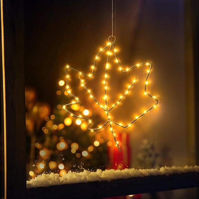 BlcTec Thanksgiving Decorations for Home 2 Pack 10Inch Maple Leaves Thanksgiving Window Lights with Suction Cups, Timer, Battery Operated Metal Frame Window Lights for Thanksgiving Decorations, Orange