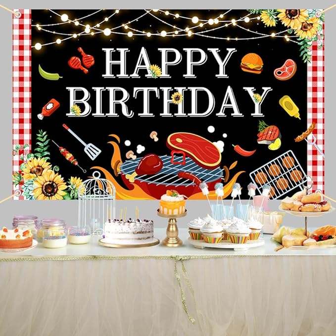 BBQ Birthday Party Decorations Large BBQ Happy Birthday Banner Red and White Gingham Picnic Banner Backdrop for BBQ Birthday Barbecue Party Supplies Yard Outdoor 7x5ft