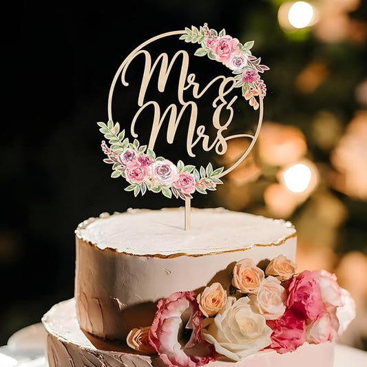 Mr & Mrs Cake Topper Floral Wedding Cake Topper in Wood (Design 01)