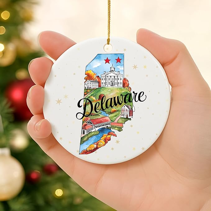 USA State Landmark Ceramic Ornament – Round Glossy Christmas Decoration Featuring U.S. State Art, Landmarks & Holiday Scenery – Collectible Travel Souvenir Ornament Series (Delaware)