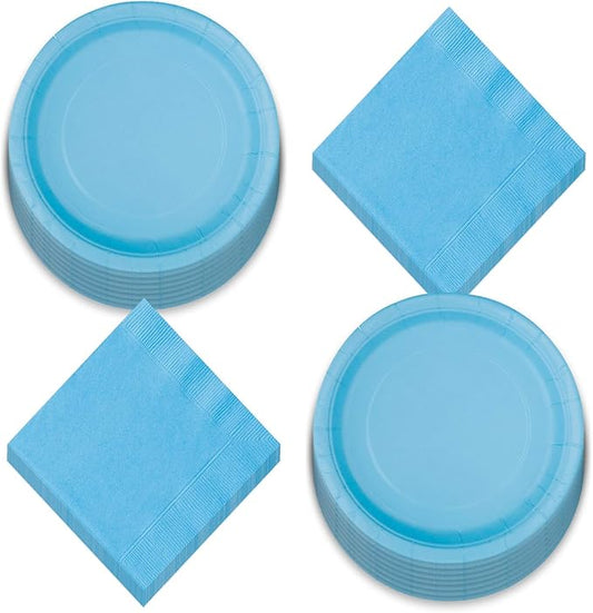 Solid Pale Blue Paper Dinner Plates and Luncheon Napkins for Blue Party Supplies and Baby Shower Decorations (Serves 16)