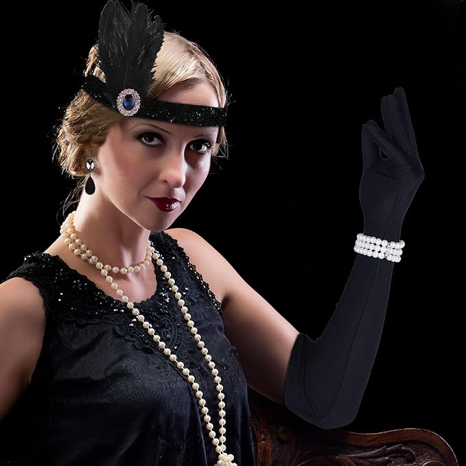FEPITO 8-Piece 1920s Flapper Great Gatsby Accessories Set - Fashion Roaring 20's Theme with Headband, Headpiece, Long Black Gloves, Necklace, Earrings for Women