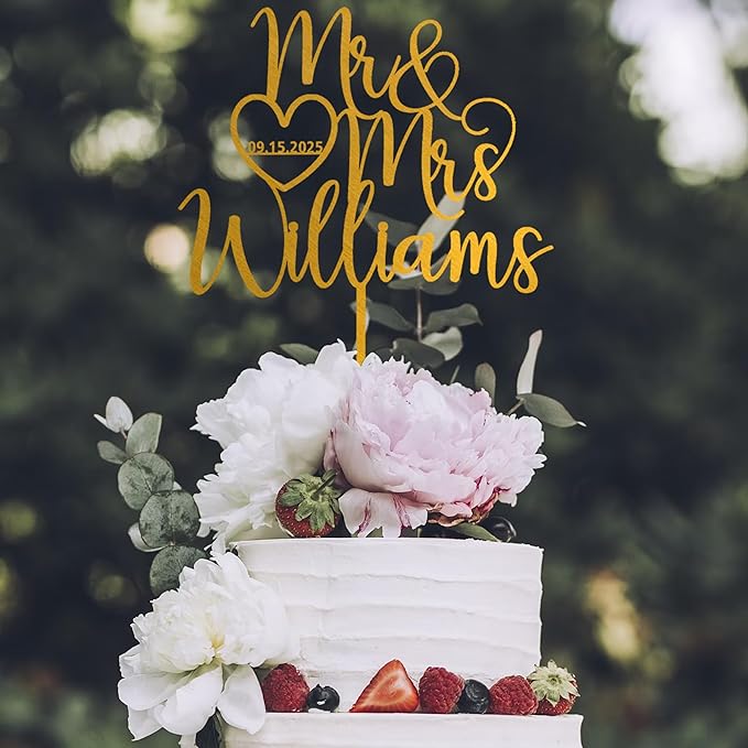 Noni Luxury Personalized Wedding Cake Topper with date and heart, Custom Couples Script Cake Topper for Weddings, Rustic Cake Topper, Custom Cake topper, Mr and Mrs Cake Toppers for Wedding