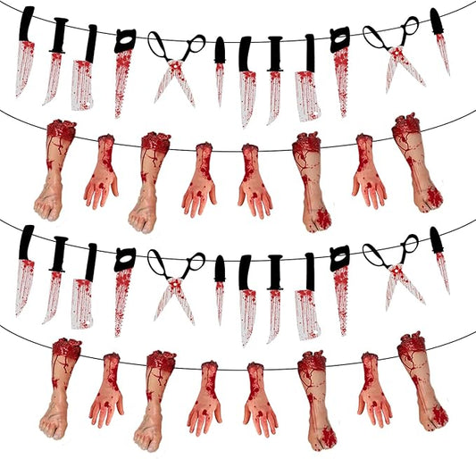 Halloween Horror Outdoor-Indoor Party-Decorations Supplies - 4pcs Creepy Fake Knife Hanging Banner,Spooky Home Streamers Garland,Haunted Mansion Room Wall Backdrop Decor Burgleda
