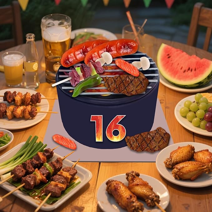 9 PCS BBQ Cake Topper Happy 16 Birthday Barbecue Decorations with Artificial Kebab and Hot Dog for Boys Girls Birthday Party Picnic Camping BBQ Theme Party Supplies