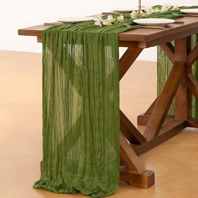 Socomi 3pcs Olive Green Fall Thanksgiving Cheesecloth Table Runner Boho Rustic Gauze 120 inch 10FT Cheese Cloth Runner for Wedding Party Baby Shower Birthday Home Decor Holiday Decorations