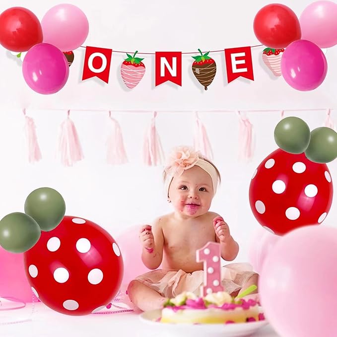 Strawberry Balloons Garland Arch Kit - Hot Pink, Red & Pastel Polka Dot Balloons for Girls' Berry Themed Birthday or Baby Shower Party Decorations