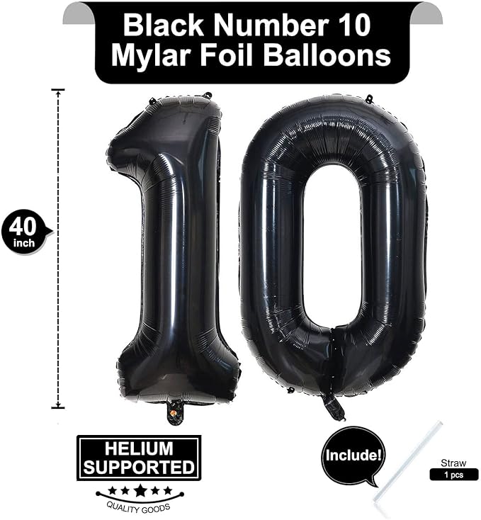 40 Inch Black 10 Number Balloons Giant 10 Balloons Black Birthday Balloons 10th Birthday Anniversary Events Party Decorations Supplies
