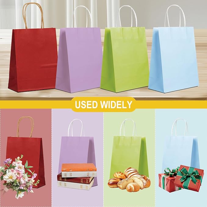 BAG BOX 100 Pack Medium 8.25x4.3x10.6 Inch Blue Kraft Paper Gift Bags with Handles for Bulk Shopping, Retail, Craft, Party Favors, Wedding, Grocery & Sacks