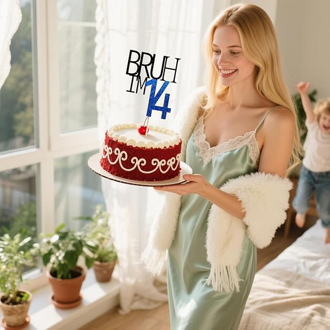 Bruh I'm 14 Cake Topper - Bro I'm 14, Happy Sweet 14 Ornament for Boys' 14th Birthday Party Supplies (blue 14)