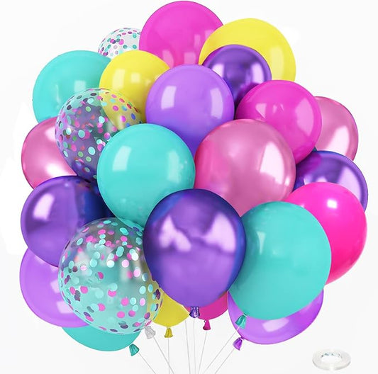 Pink Blue Purple Confetti Balloon for Birthday Party Decorations - 56Pcs 12in Hot Pink Yellow Teal Metallic Purple Multicolor Latex Balloons Bulk with Ribbon for Rainbow Colorful Girls Party Supplies