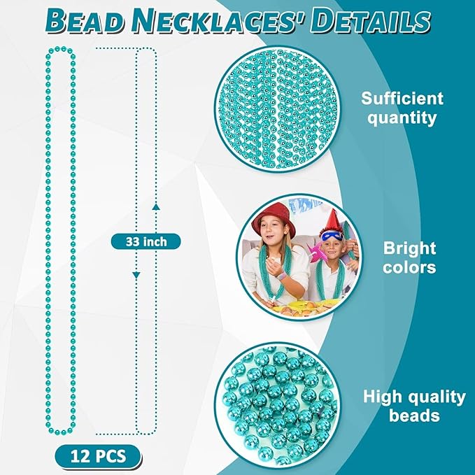 12PCS Mardi Gras Beads, Metallic Blue Bead Necklace Accessory Sets, 33" Mardi Gras Necklace Costumes Bulk, Festival Parade Throw Accessories for Wedding Birthday Gender Reveal Party Supplies Decor