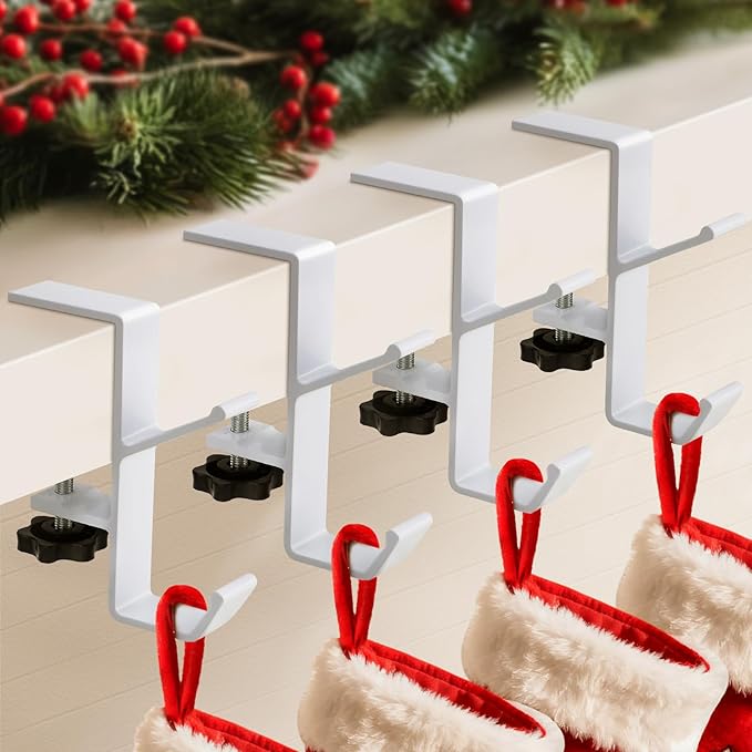 4 Pack Stocking Holders for Mantle for Christmas Decorations,2 in 1 Mantle Garland Holder for Hanging Christmas Stockings,No Drilling Required & Adjustable Garland Hanger, Metal(White)