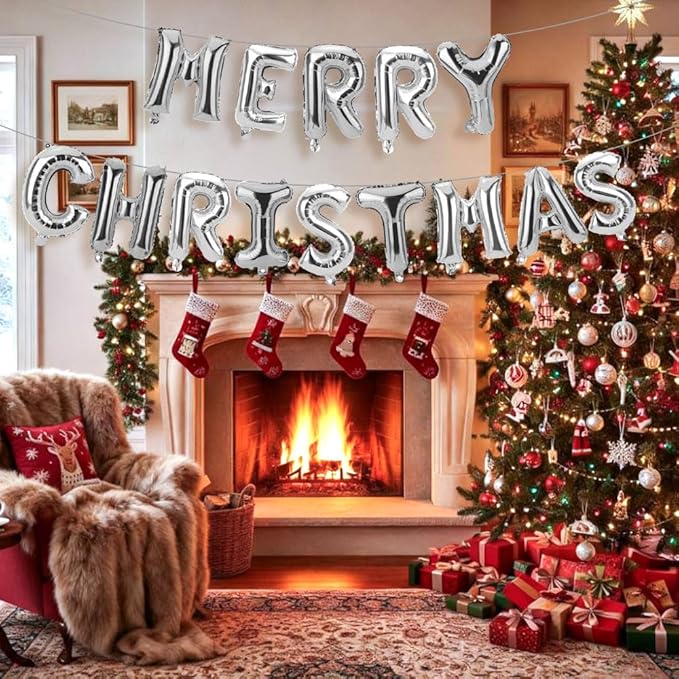 16 Inch Merry Christmas Balloons 14 PCS Silver Balloons Banner Xmas Letter Aluminum Mylar Foil Balloon Kit Decorations Globos Backdrop for Hanging Decor Party Favors Supplies Theme Indoor Outdoor