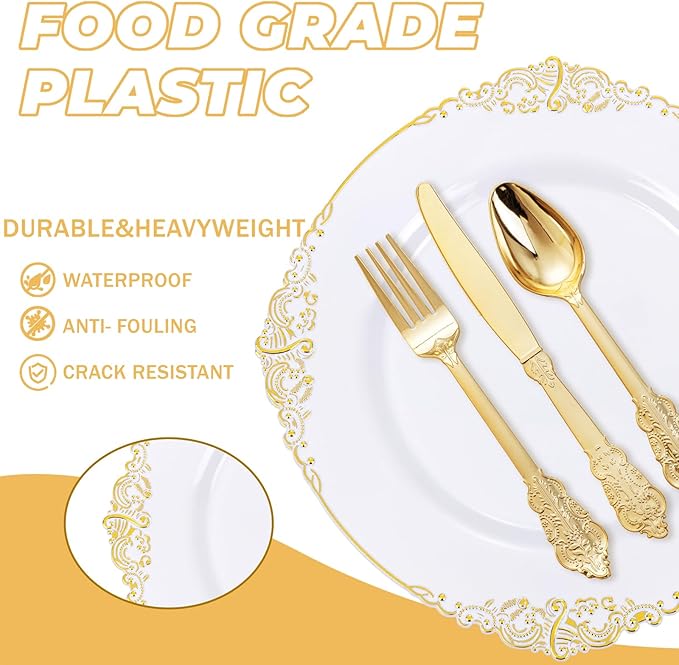 125PCS White and Gold Plastic Plates - Gold Disposable Plates with Plastic Silverware - Vintage Disposable Dinnerware Set for 25 Guests for Christmas Parties, Thanksgiving