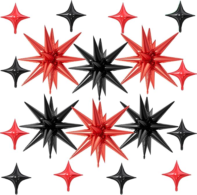 18 Pcs Black Red Star Balloons, Red and Black Balloon with 6 Pcs 22-Inch Explosion Star Balloons 12Pcs 10-Inch Four Pointed Stars Foil Balloon for Anniversary Disco Birthday Party Decorations