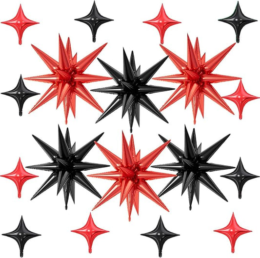 18 Pcs Black Red Star Balloons, Red and Black Balloon with 6 Pcs 22-Inch Explosion Star Balloons 12Pcs 10-Inch Four Pointed Stars Foil Balloon for Anniversary Disco Birthday Party Decorations