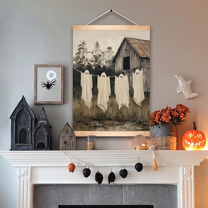 Rustic Halloween Ghost Linen Canvas Wall Art 18.5x14 Inch, Vintage Farmhouse Barn Wall Hanging Poster, Spooky Fall Decor, Retro Gothic Haunted House Theme Wall Poster for Living Room Bedroom (BLK08)