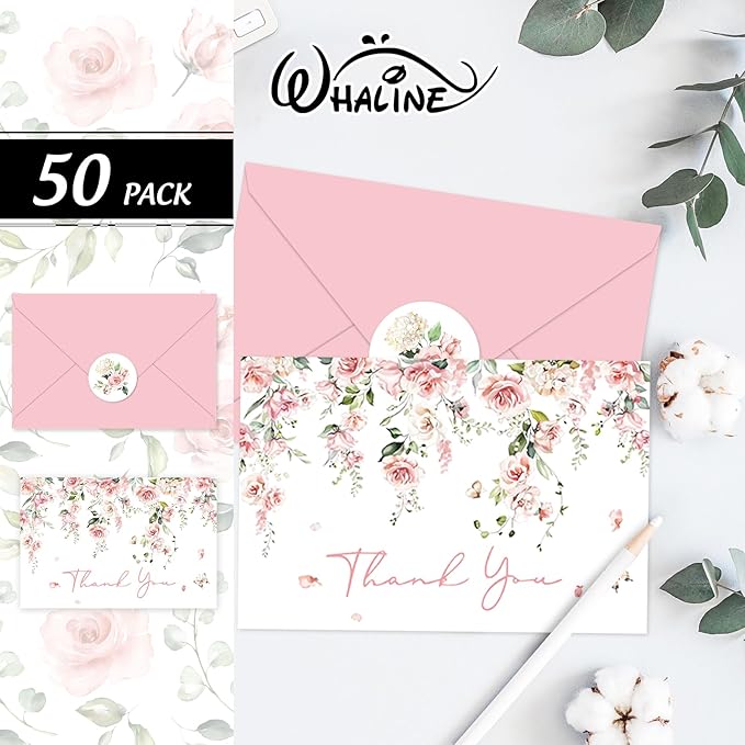 Whaline 50 Pack Pink Flower Thank You Cards Floral Thank You Greeting Note Cards Boxed with Envelope Sticker for Wedding Bridal Shower Birthday Baby Shower
