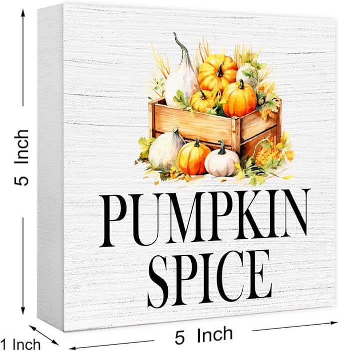 Funny Autumn Wood Box Sign Pumpkin Spice Wooden Block Desk Decor for Home Office Kitchen Cubicle Table Shelf Tabletop,Farmhouse Fall Sign Decor
