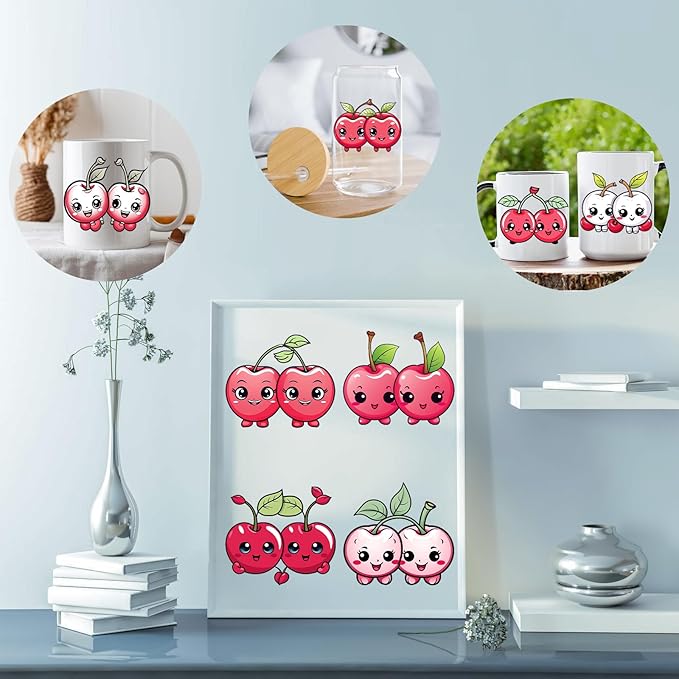 UV DTF Stickers - 12 Sheets Cherry Valentine UV DTF Cup Wrap for Coffee Mugs Glass, DIY Decals for Tumblers, Waterproof Rub on Transfers for Crafts