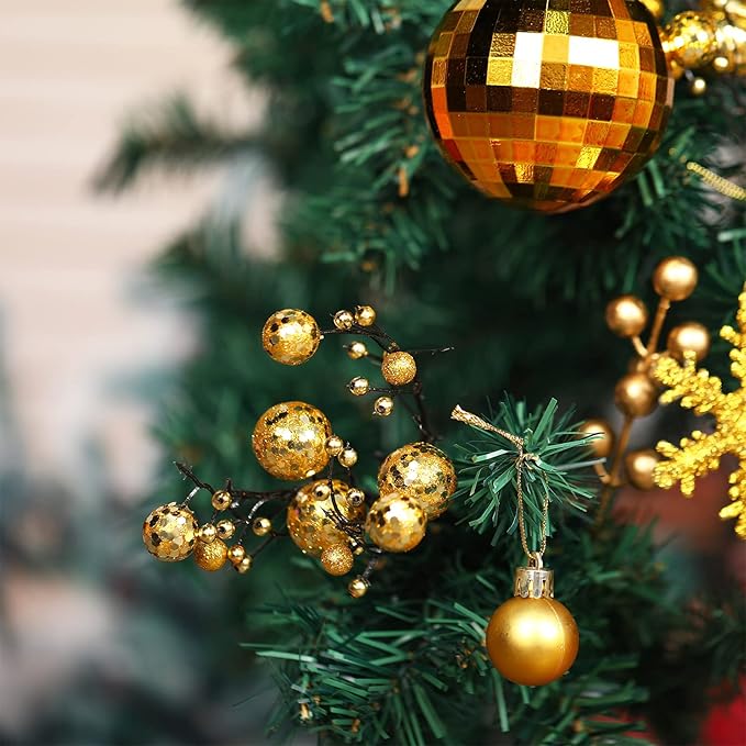 Sratte 94 Pcs Christmas Tree Decorations Set, Christmas Tree Ball Ornaments Glitter Poinsettia Flowers Decorations Glitter Berries Stems for Xmas Holiday Wedding(Gold)