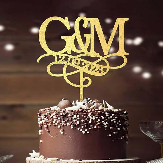 Personalised Gold Initials Wedding Cake Topper, Custom Two Initial and Date Cake Topper, Monogram Cake Topper, Made in USA, 2 Letters Engagement Cake Topper, Rustic Anniversary Party Decoration