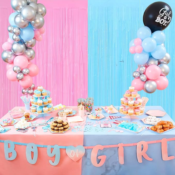4 Pack 3.2Ft x 9.8Ft Macaron Pink Blue Foil Fringe Curtain Backdrop, Metallic Tinsel Foil Fringe Streamers for Photo Booth, Wedding, Gender Reveal Backdrop Boy or Girl Birthday Party Decoration