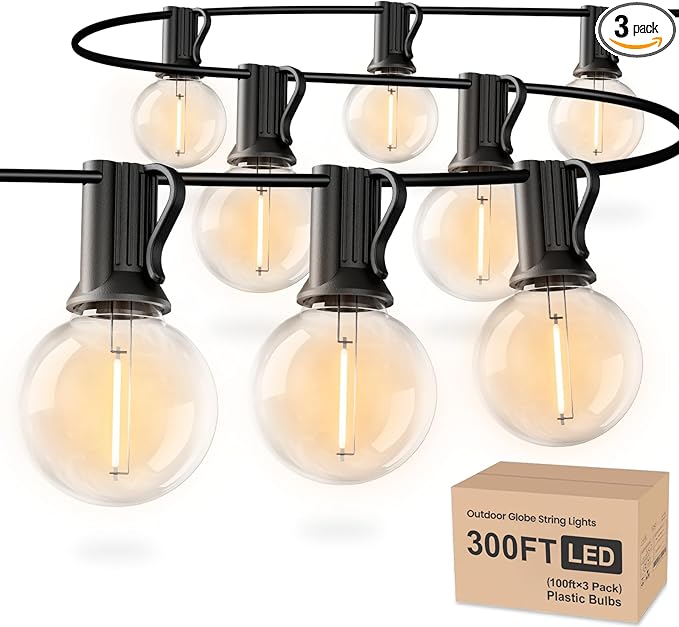 RTTY Outdoor String Lights 300ft, 3 Pack 100ft G40 Led Patio Globe Lights with 52pcs Bulbs,Shatterproof Waterproof Connectable Hanging for Porch Cafe Bistro Backyard Gazebo Balcony Deck Party