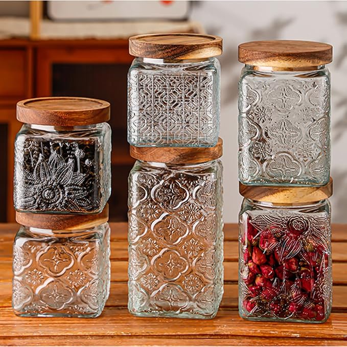 ANSQU Vintage Glass Storage Jar, Glass Canister Storage Jar Container with Airtight Wooden Lid for Kitchen Counter, Pantry, Coffee, Tea, Sugar, Cookie Jars (Square-Begonia)