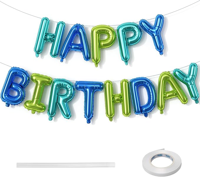 Blue and Green Happy Birthday Balloon Banner, 16 Inch Teal Blue and Lime Green Happy Birthday Bunting Banner Letter Foil Balloons for Boys Ocean Under the Sea Theme Birthday Party Decorations Supplies