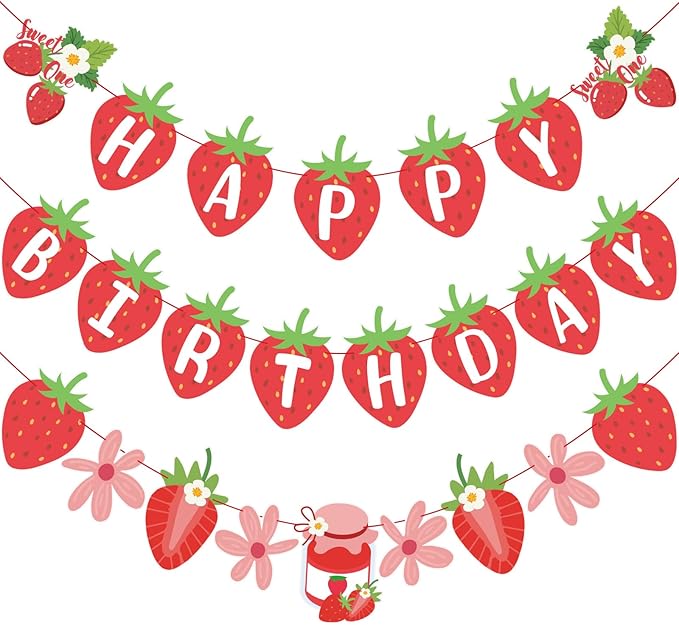 SUNBEAUTY Strawberry Happy Birthday Banner, Berry Sweet Red Fruit Party Hanging Banner, Strawberry Birthday Decorations for Girls 1st Birthday Baby Shower Party Decoration | Pre-Strung