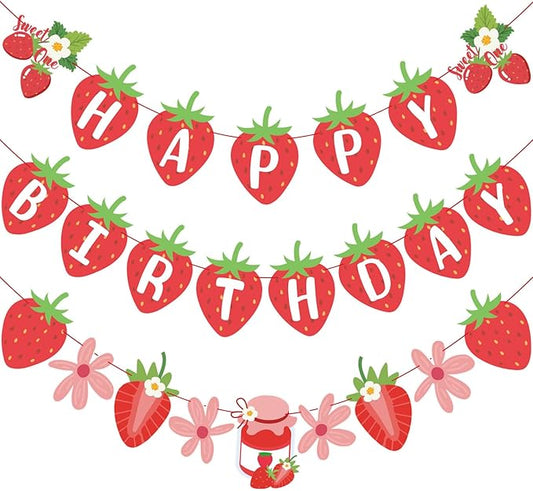 SUNBEAUTY Strawberry Happy Birthday Banner, Berry Sweet Red Fruit Party Hanging Banner, Strawberry Birthday Decorations for Girls 1st Birthday Baby Shower Party Decoration | Pre-Strung