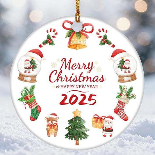 Christmas Ornaments 2025 – 3 Inch Round Tree Decoration Ornaments, Double-Sided Holiday Keepsake Gift for Family, Friends & Couples | Merry Christmas & Happy New Year Ceramic Ornament with Gift Box.