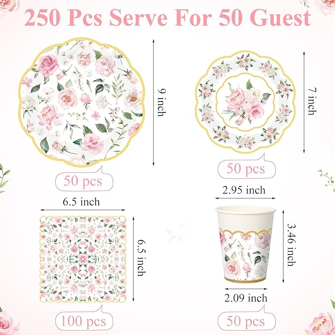 250 Pcs Floral Party Decorations Flower Paper Plates Napkins and Cups Pink and Gold Floral Disposable Tableware Set for Bridal Shower Baby Shower Wedding Spring Tea Party Supplies, Serves 50