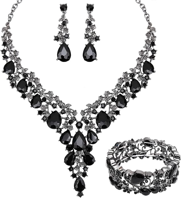 CSY Elegant Crystal Costume Jewelry Sets Flower Bridal Necklace Earrings Stretch Bangle Set for Bride Bridesmaid Wedding Dress Accessories