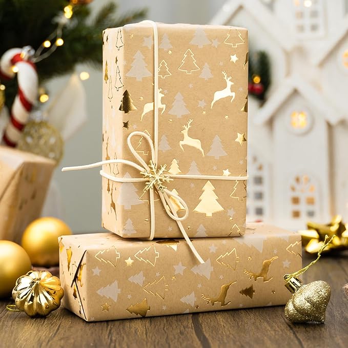 Garbendy Kraft Christmas Wrapping Paper Roll- 17 Inch X 32.8 Feet - Embossing 3D with Gold Foil Reindeer & Christams Tree Design for Christmas Holiday Party