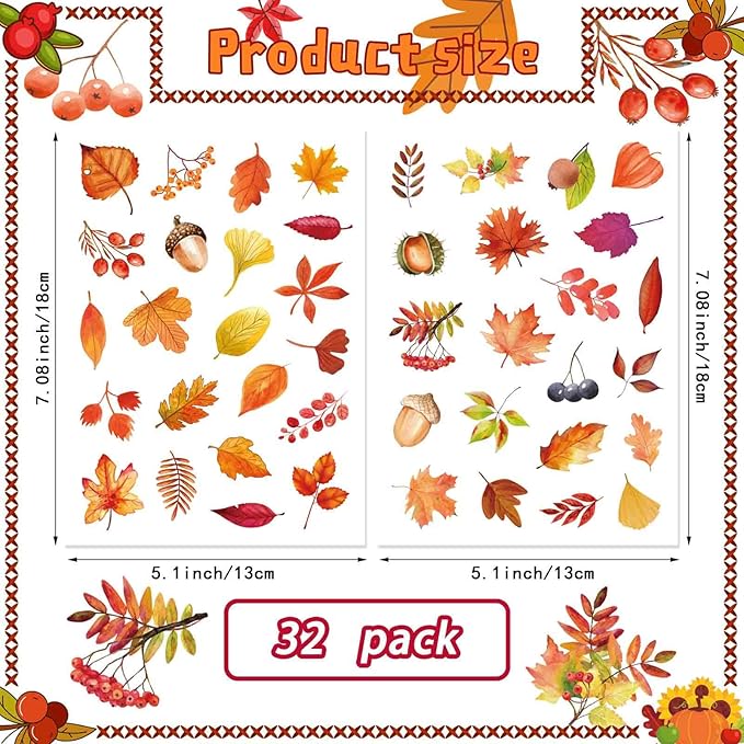 32 Sheets Fall Maple Leaves Stickers - Self Adhesive Autumn Stickers, Party Supplies for Thanksgiving, Harvest & November Decor