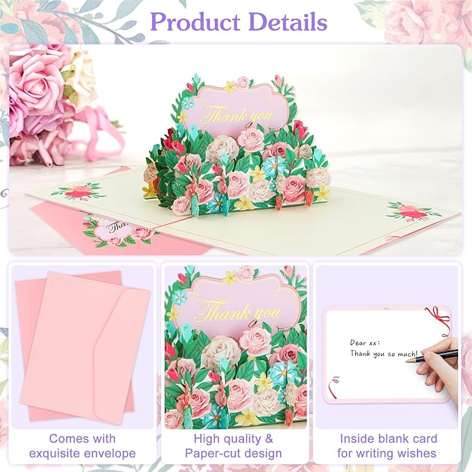 3D Flowers Thank You Card - Rose Thank You Pop Up Card with Envelopes for Family Friends Colleague Teacher Doctor Nurse Appreciation Gifts